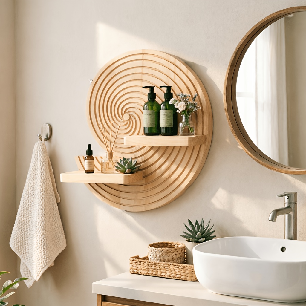 Circular Spiral Wooden Wall Shelf – Natural Wood Floating Shelf with Bohemian Geometric Design, Ideal for Bathroom, Living Room, Bedroom Decor – Space-Saving Storage Rack, Unique Wall Art Decor