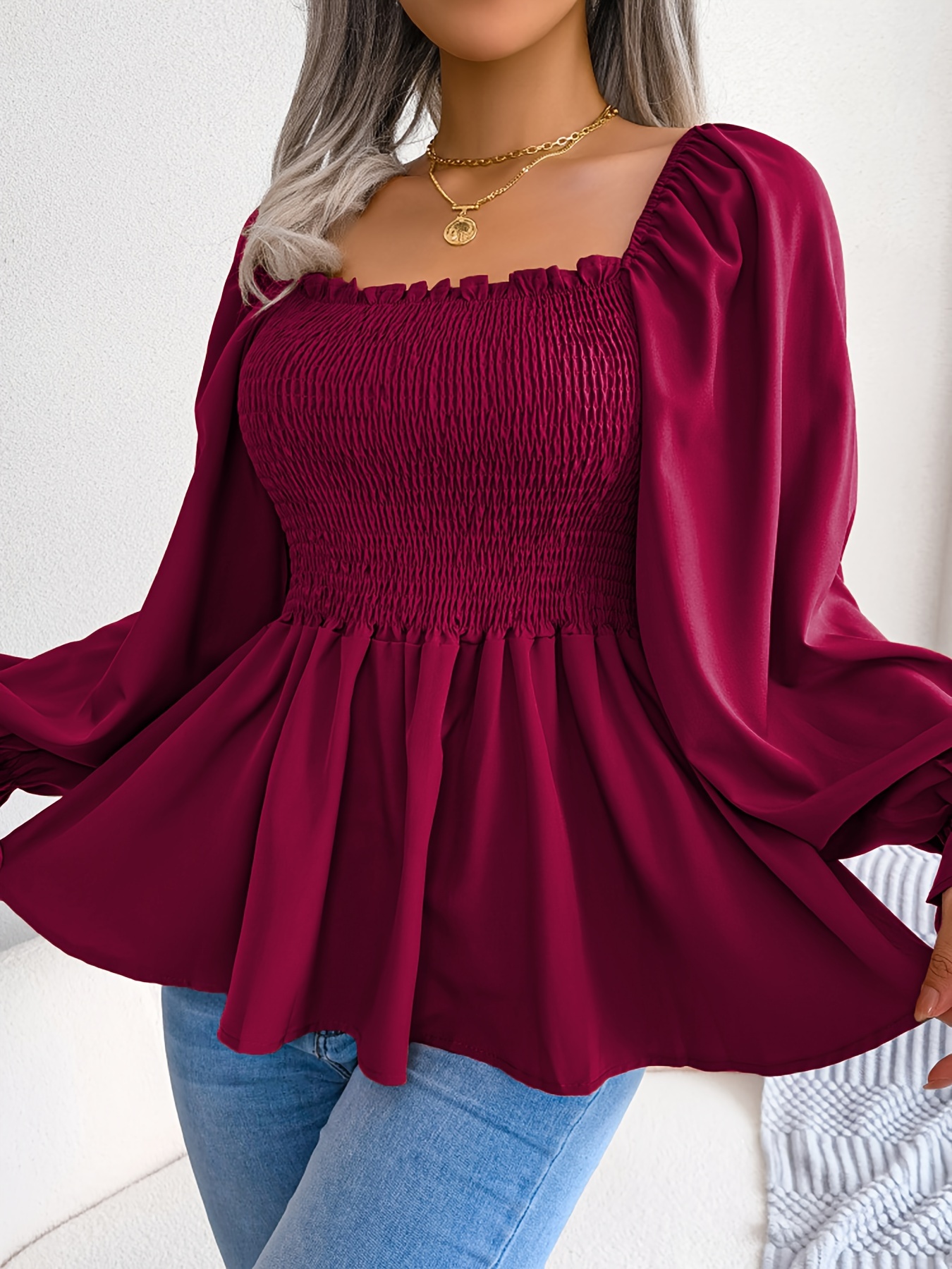 Plus Size Elegant Top Women's Plus Solid Ruffle Trim Shirred - Temu