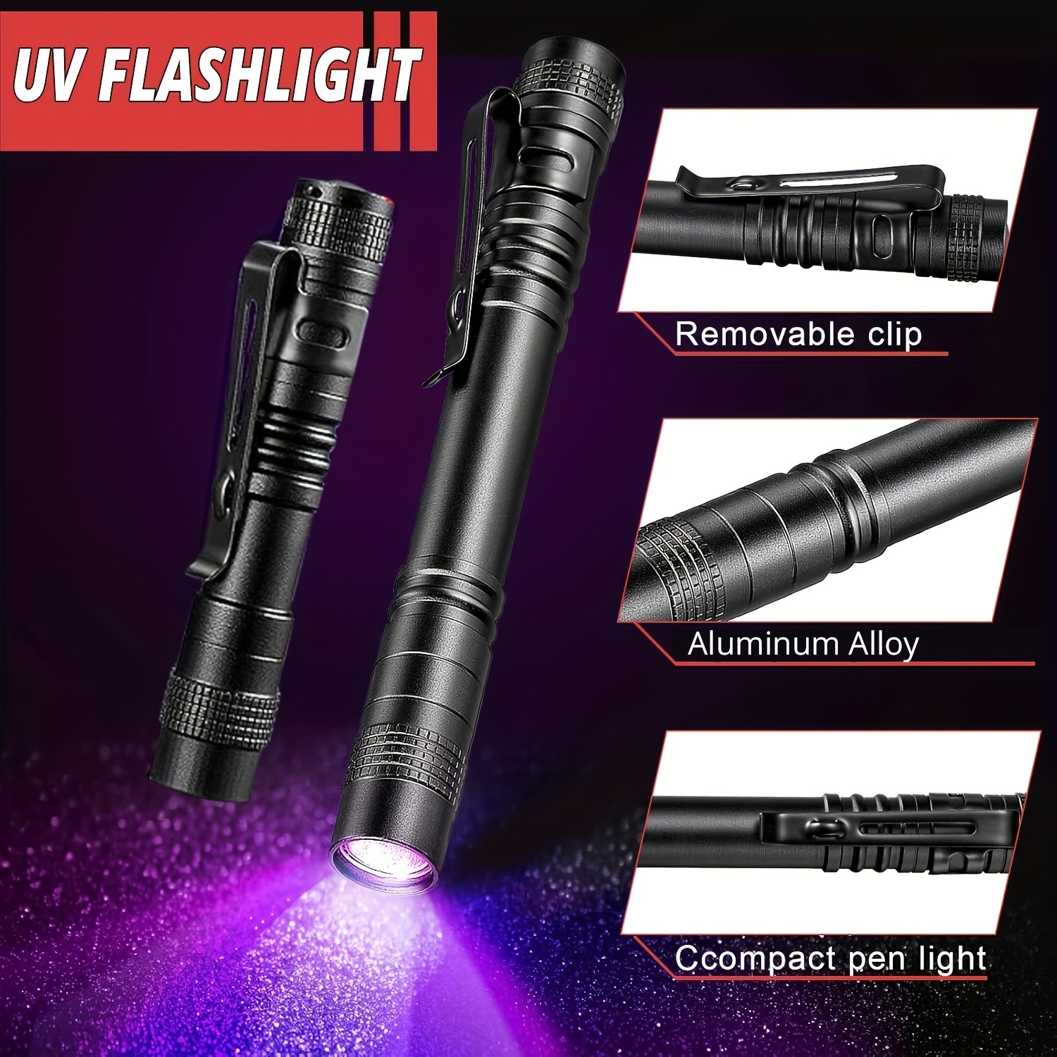 1pc aluminum alloy portable blacklight penlight uv flashlight with   395nm uvh torch uses aaa batteries violet detector blacklight pet urine detector for   urine dry stains bed bug resin curing   finder