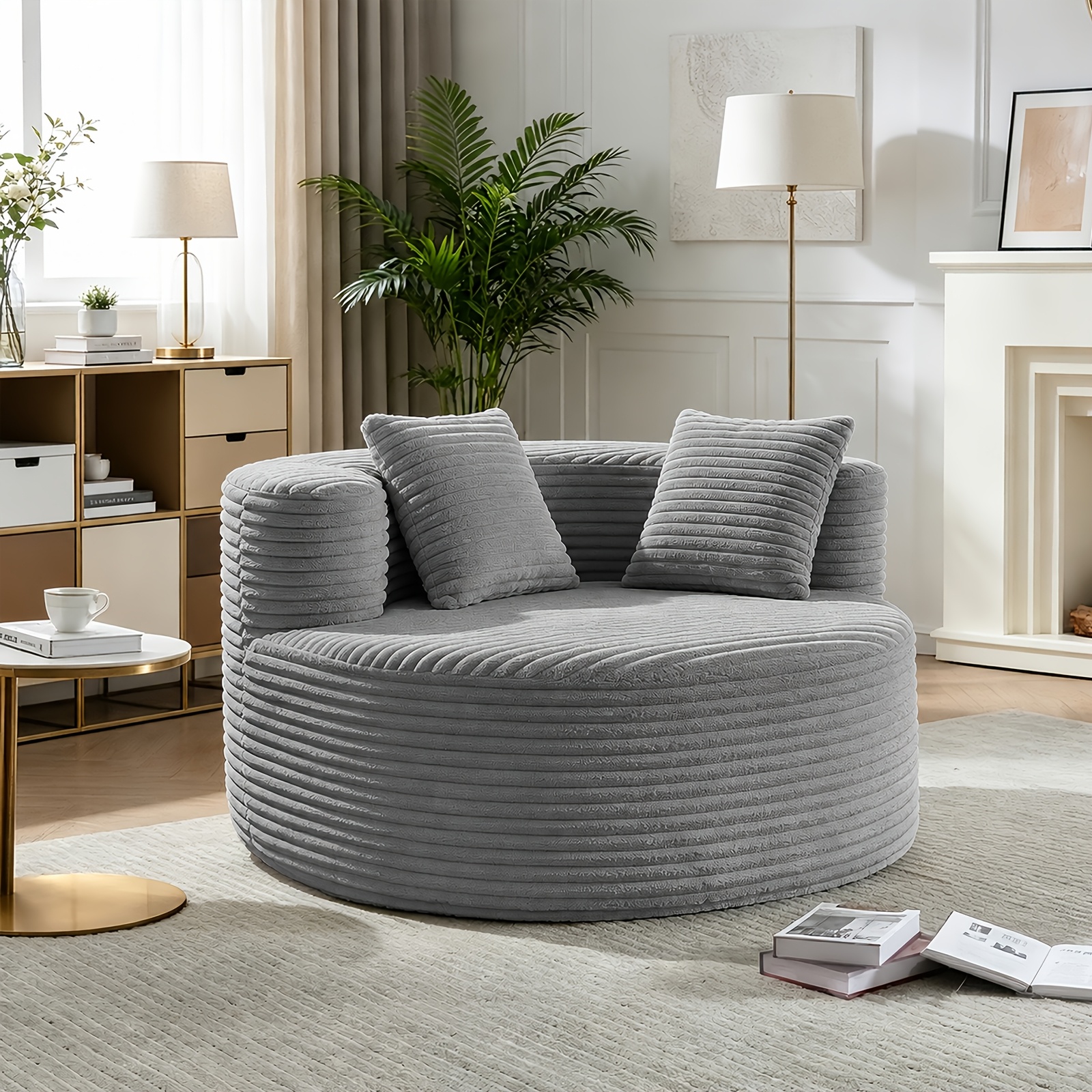 Image of Oversized Round Lounge Chair, 110cm Corduroy Leisure Chair, With Deep Seat And 2 Soft Pillows, Lazy Sofa For Living Room, Bedroom, Office, No Assembly