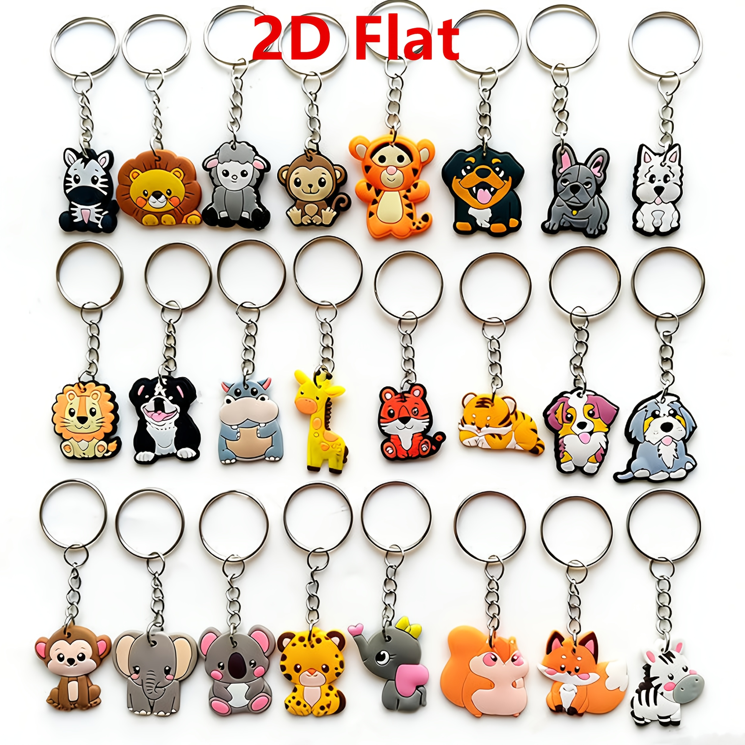TEMU 2d Flat, 24pcs Cartoon Pvc Animal Keychains, 2d Flat Design, Classic And Unique, Bag Accessories, Suitable For Daily Outfits, Pendants, Gifting,