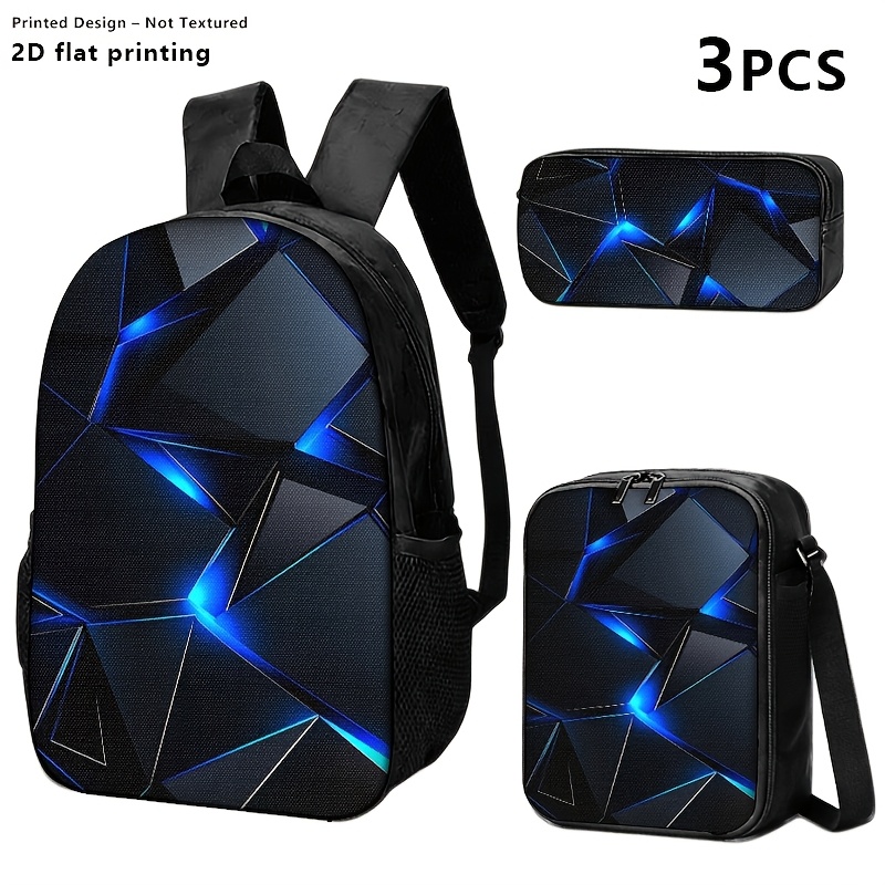 TEMU Printed Design-non Textured 1pc/2pcs/3pcs Black Tech-geometric Backpack, Shoulder Bag, And Pouch, Ideal For Professionals, Commuting, And Daily