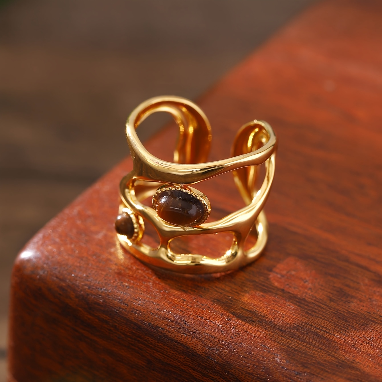 Vintage Stainless Steel Ring with Brown Stone Inlay