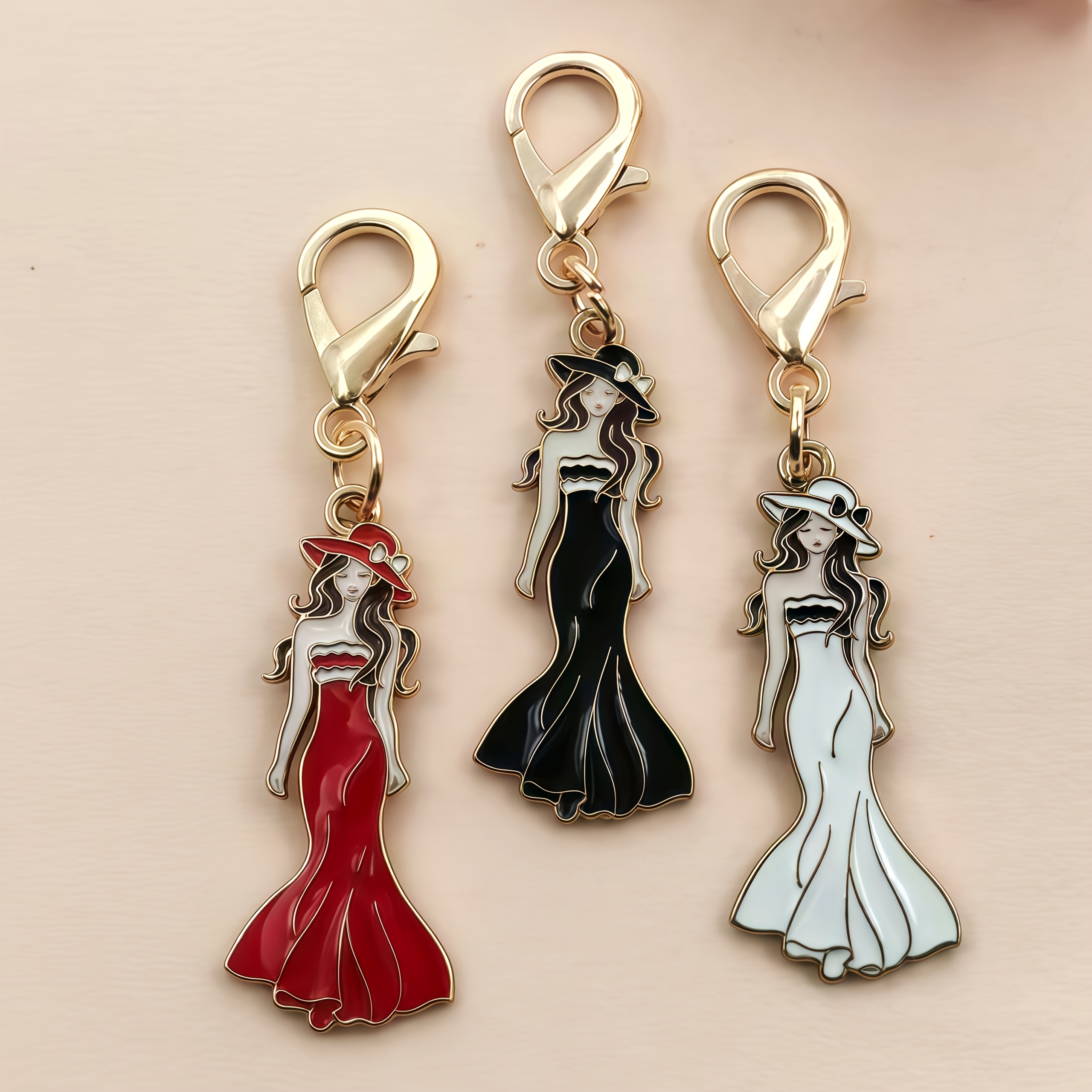 TEMU Fashion Enamel Oil Gift Hat Ladies Keychain, Retro Fishtail Long Skirt Women's Pendant, Golden Lobster Clasp Bag Pendant, Fashion Additions,