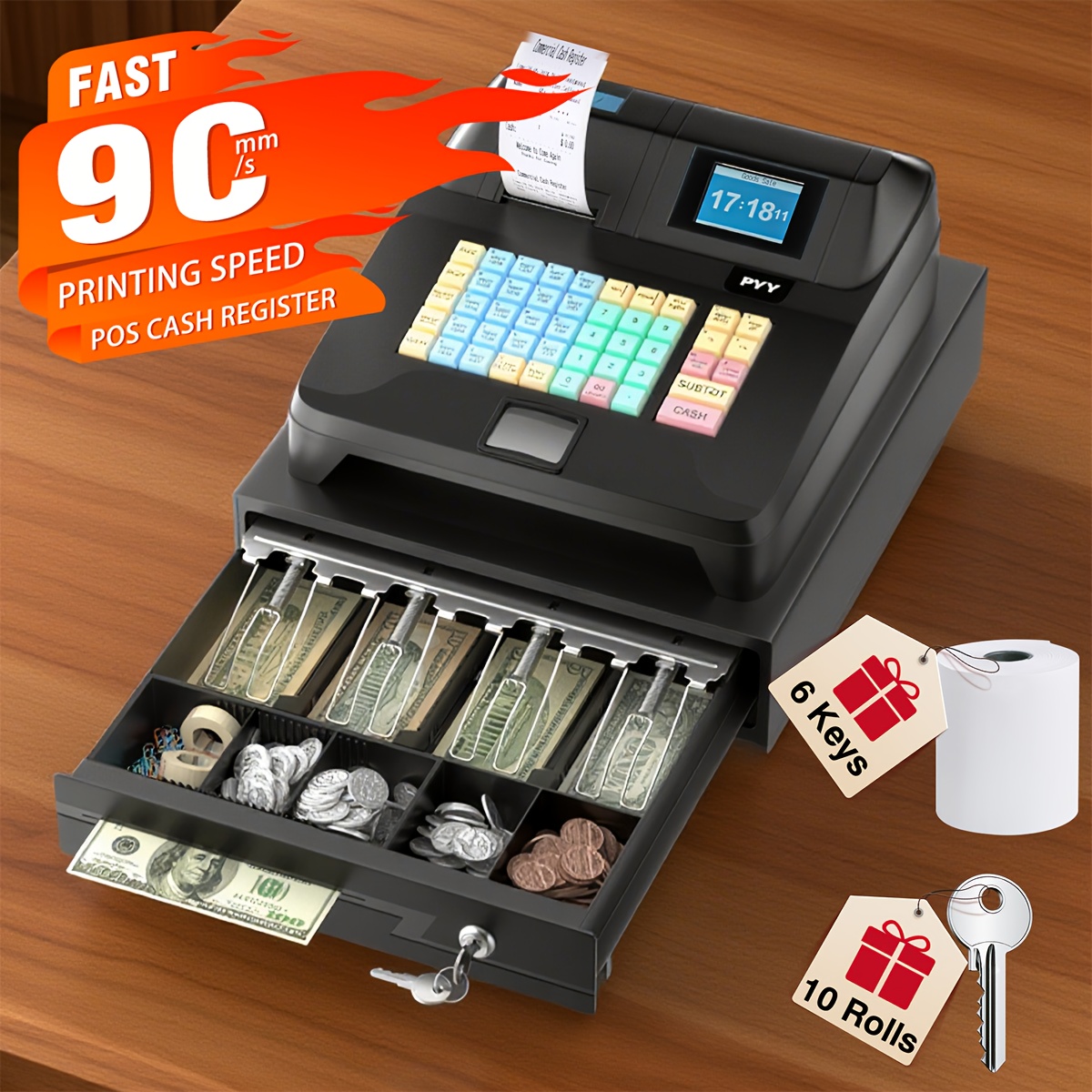 PYY Commercial Electronic Cash Register with Locking Cash Drawer - POS System, 48-Key POS Terminal, Dual Display (2.8'' TFT LCD & LED), Thermal Printer, Compatible with Scanners/Scales/Printers, for Retail Stores, Restaurants, Supermarkets - Includes USB Cable, Keys & Paper Rolls, Supermarket Checkout, Sleek Design, Reliable Performance, Supermarket Staff