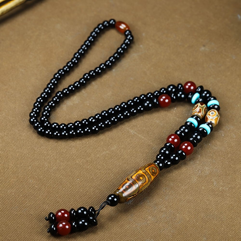 

Elegant Agate Nine- Dzi Bead Pendant Necklace With Tassel - Traditional Tibetan Amulet Charm Jewelry No Plating