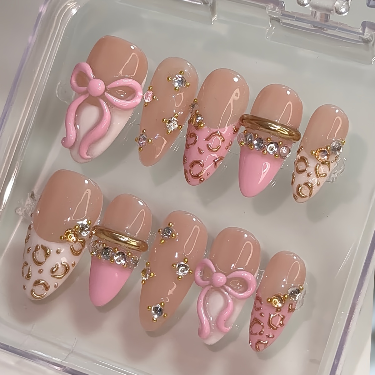 TEMU 10pcs Luxurious Powder-white Almond-shaped Press-on Nails Featuring A Nude-pink Base, 3d Pink Bow, And Gold-plated Leopard-print Steel Beads,