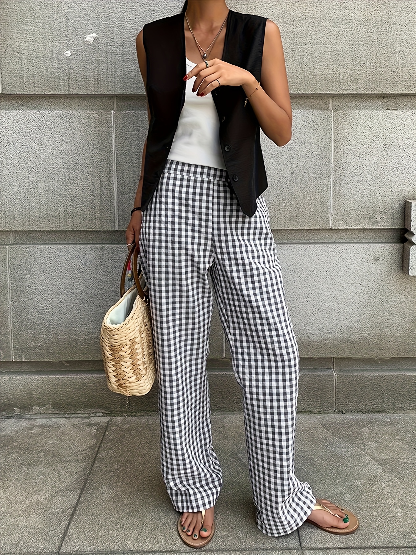 Wide Leg Pants Black And White Checkered High Waisted Pants