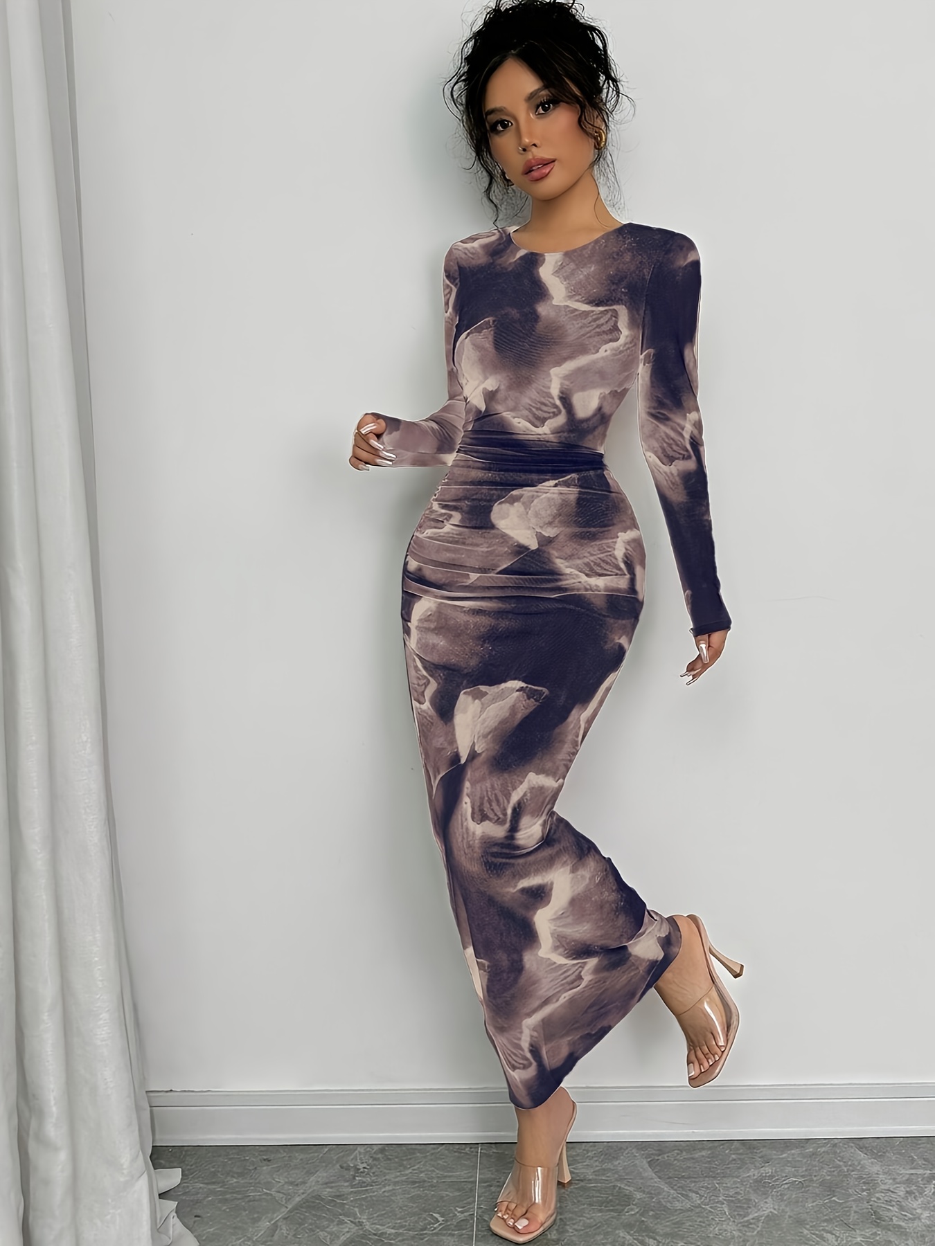 womens elegant tie dye long sleeve bodycon dress length - Temu Ghana