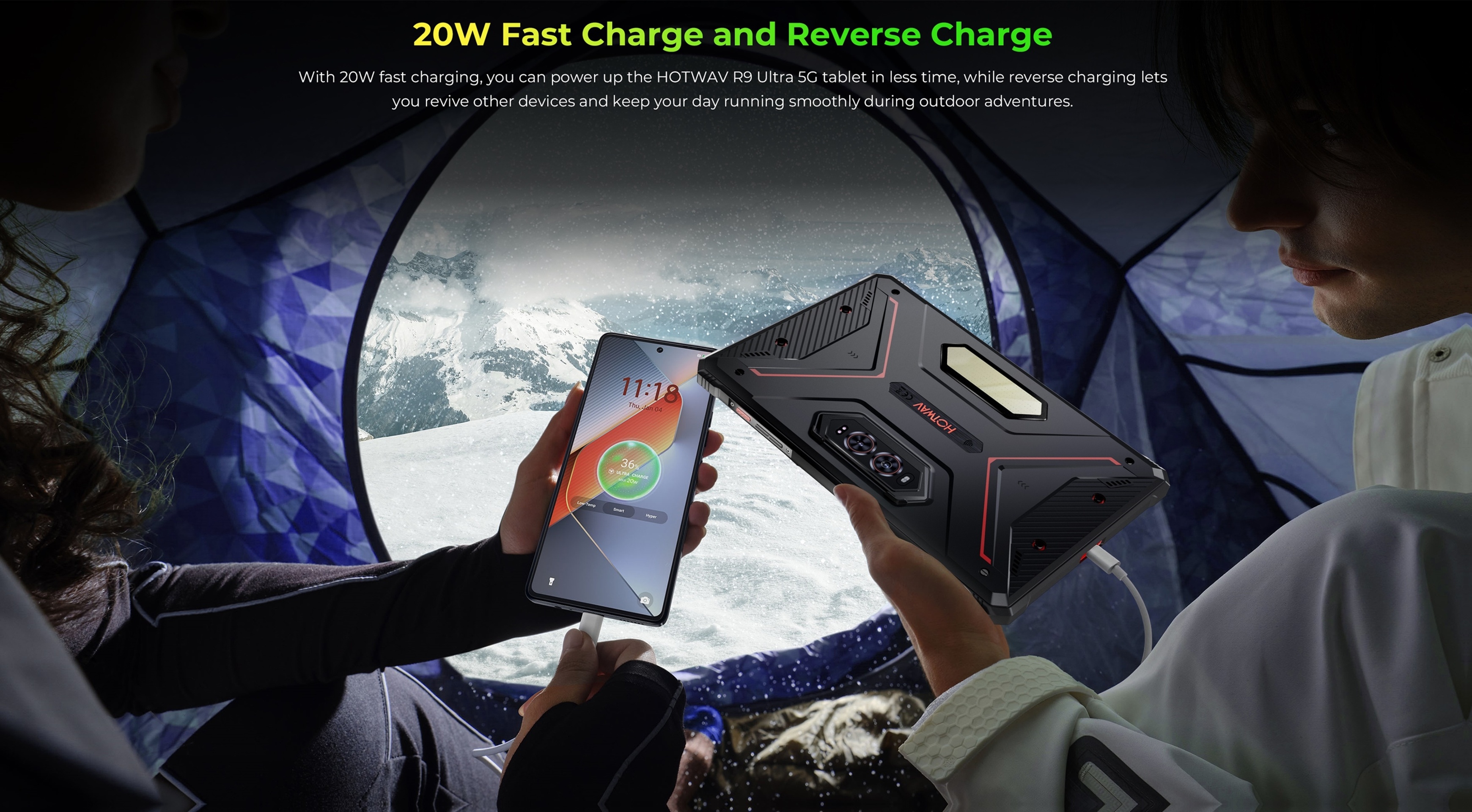 De HOTWAV R9 Ultra is een robuuste tablet met een 11-inch HD+ 120Hz-scherm, Android 15, 24(8+16)GB RAM en 512 GB ROM, 64MP+16MP, 20MP nachtzichtcamera's, 20080mAh-batterij, uitgerust met schokbestendige functies, S713-, dubbele 5G-simkaarten, GPS, zwart