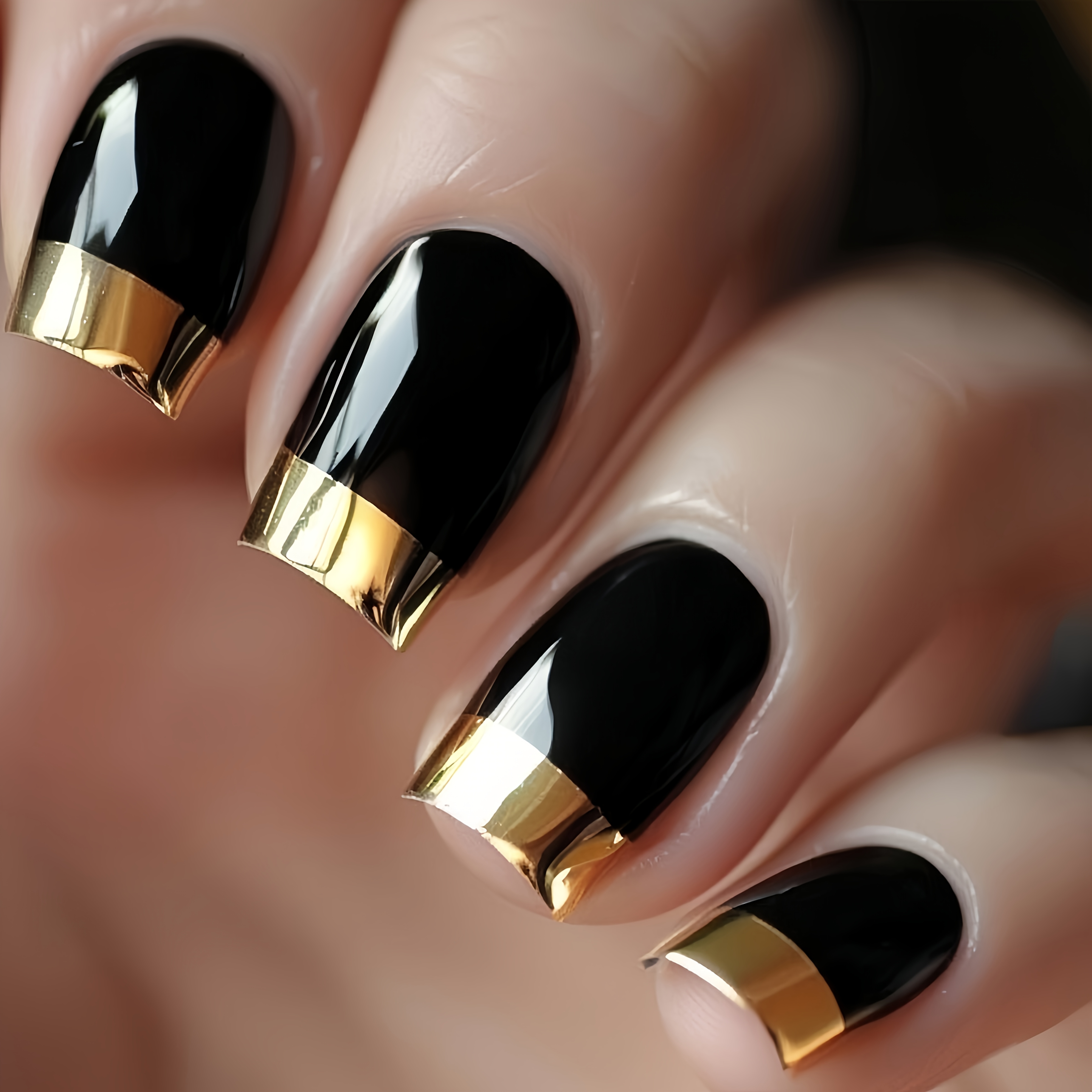 TEMU 24pcs French Style Artificial Nails Black With Golden Stripe, Square Shape, Glossy Finish, Machine-, Removable, Ideal For Women', Date, And Party Use
