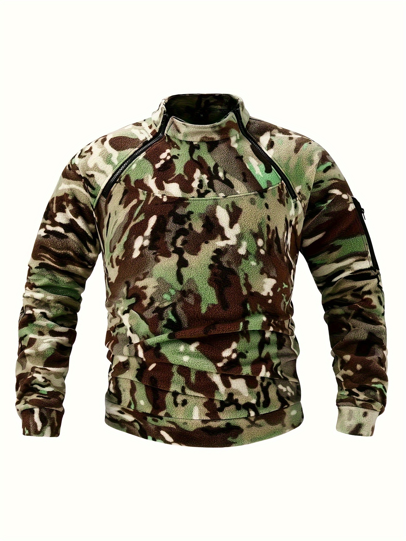 Men's Tactical Outdoor Camo Fleece Jacket - Windproof Thermal Insulation, Mid-Stretch Fleece, Stand Collar & Full-Zip Closure for Hiking, Camping, Spring/Fall Seasons, Camping Apparel, Rugged Design, Camouflage Pattern, Windproof Fabric