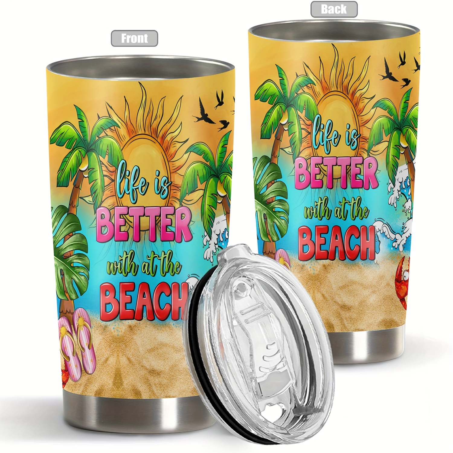 

1pc 20 Oz Tumbler, Beach Pattern Double Wall Vacuum Insulated Travel Mug, Perfect Gift For Family And Friends Birthday Christmas Gifts For Women Mom Sisters Teacher Coworker