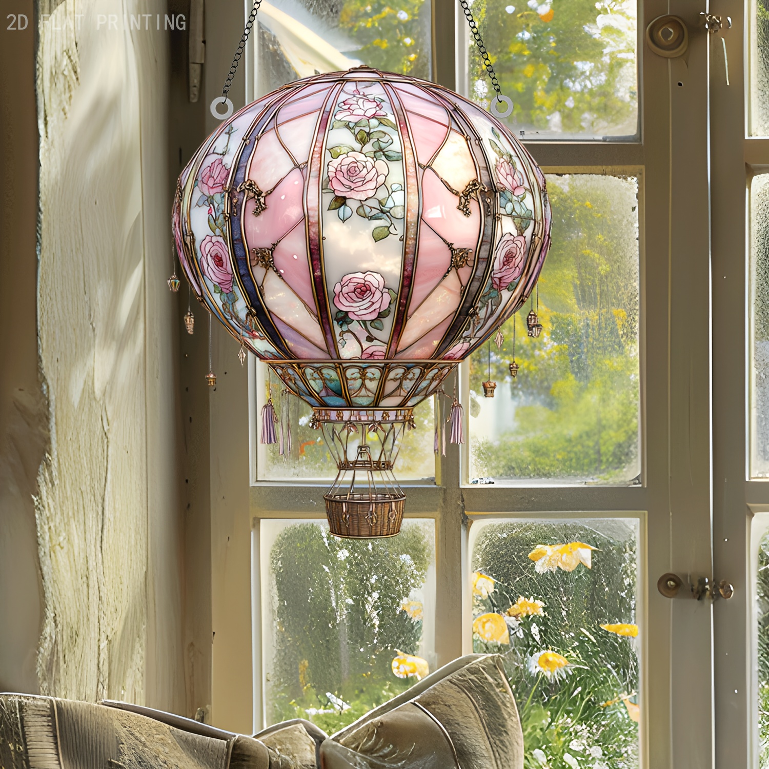 

1pc Hot Air Balloon Sun , 8"x6.3" - Vibrant Acrylic Window Hanging With Pink Tassels & Beads, Ideal For Cozy Bedroom & Garden Decor, Perfect Gift For Cat &