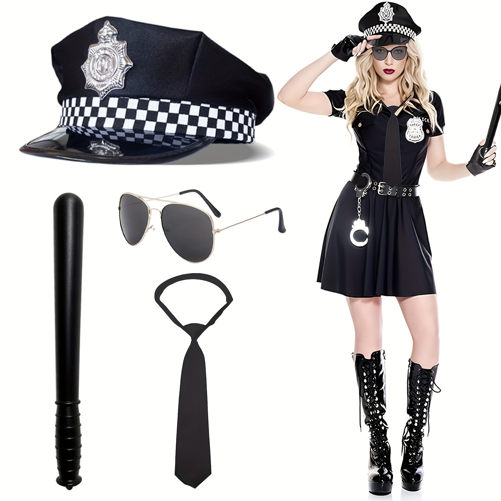 

4-piece Police Costume Accessory Kit For Adults - Includes Police Hat, Inflatable , Glasses, And Necktie - Polyester Fabric - Party Dress Up Props For And Role Play - Unisex Design