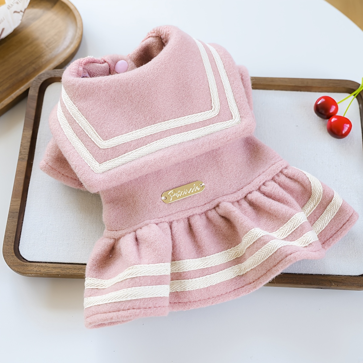 TEMU Korean Style Dress - Pink Navy Collar Dress, Fall Winter Warm Tweed Thick Warm Dress