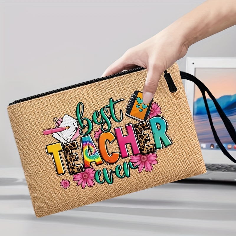 TEMU Best Teacher Ever Print, Portable Zipper Makeup Storage Bag Travel Makeup Storage Bag Lightweight Toiletry Bag Wristlet Bag, Teacher Appreciation Day