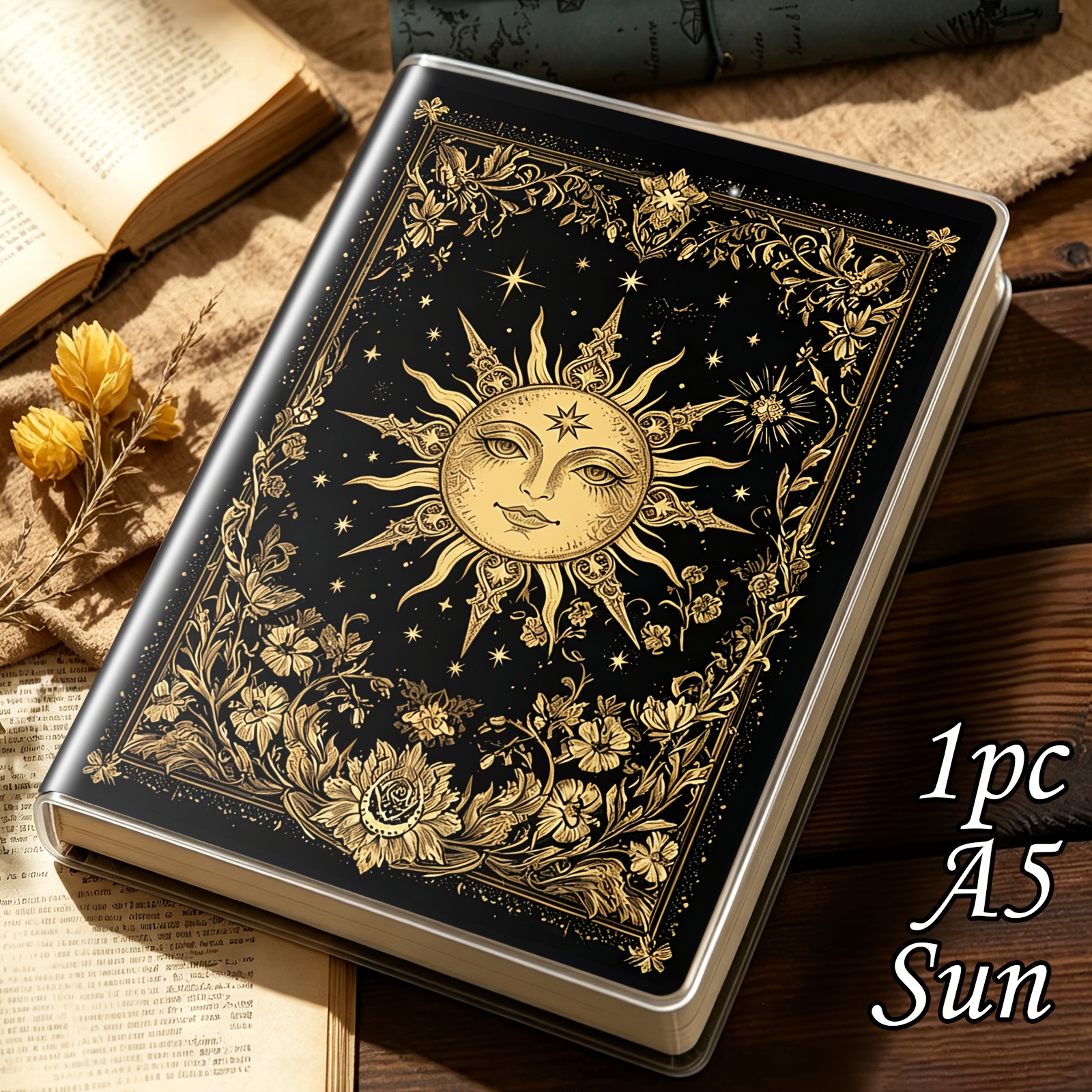 TEMU 1pc/2pcs A5, 136 Pages, European Gothic Retro Mystical Notebook - Sun Moon, Transparent Stain-resistant Cover, Lined Journal, Fashion Notebook,