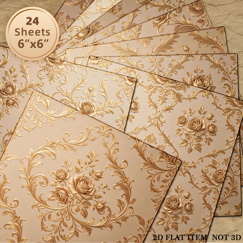 TEMU 2D PLAT 24 Feuilles 6X6 Pouces 2D Flat Impression Premium Europeen Relief Rose Scrapbook Papier Luxe Léger Vintage Hot Foil Motif Floral Journal