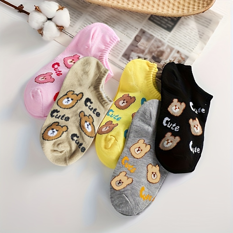 

5pcs Cute Bear Cartoon Ankle Socks For Women - Breathable & Comfortable Polyester , Casual Attire