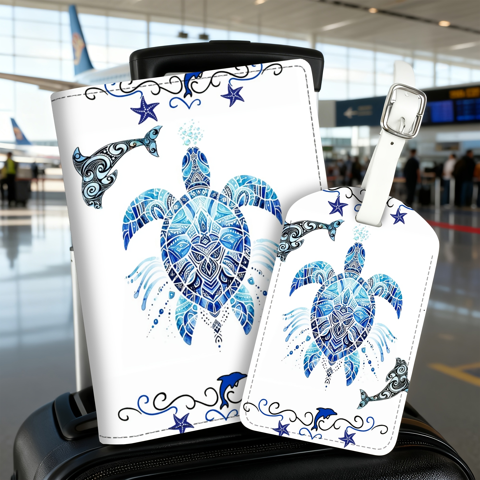 TEMU 2pcs Set Turtle And Dolphin Pattern Passport Holder And Luggage Tag, Lightweight Pu Material, Suitable For Travel Bags, Backpacks, Gym Bags,