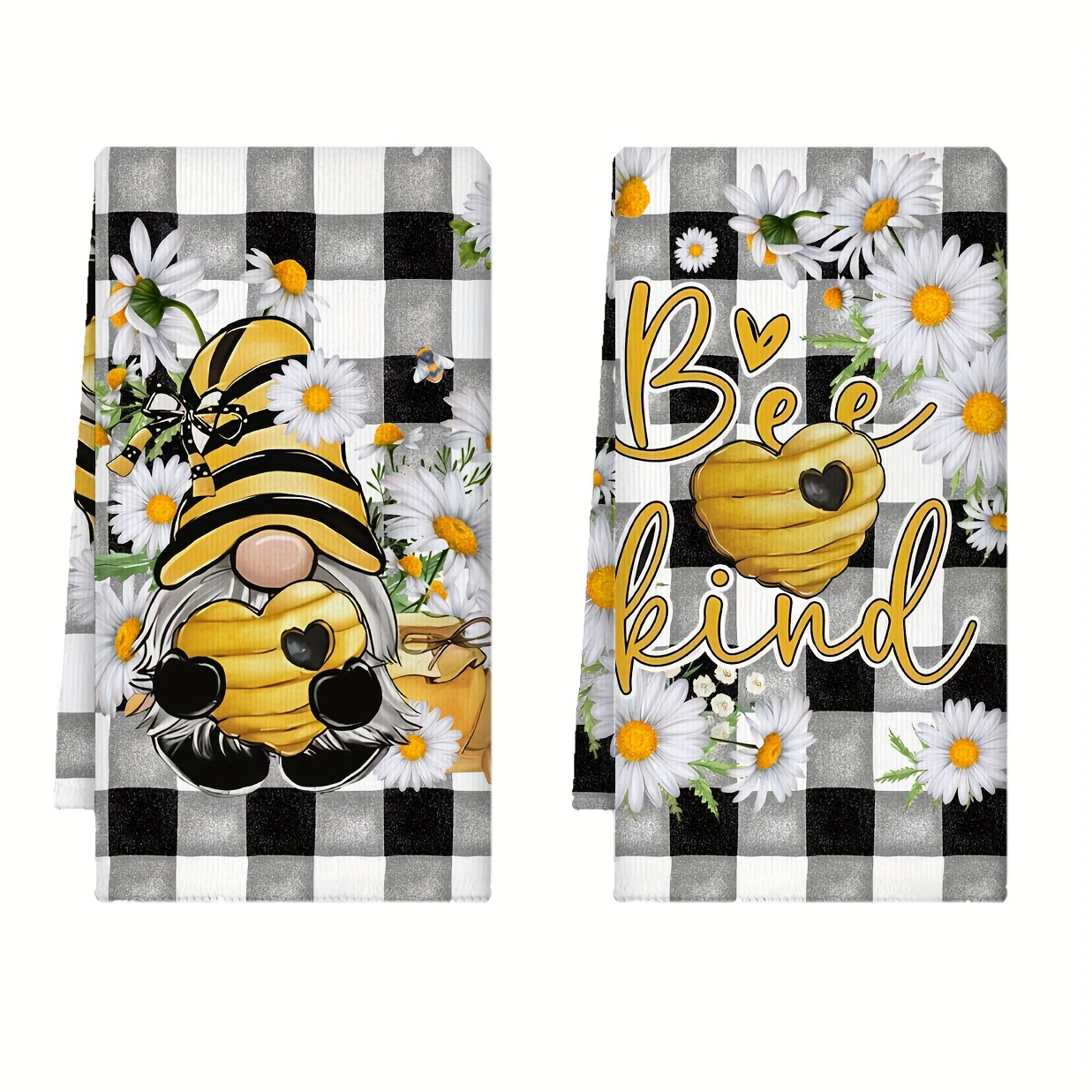 

2pcs, Dishcloth, Bee Gnome Buffalo Plaid Printed Kitchen Towels, Ultra-soft Microfiber, Absorbent Dish Cloths With Gradient Color Buffalo Plaid & Daisy Pattern, Kitchen Decoration