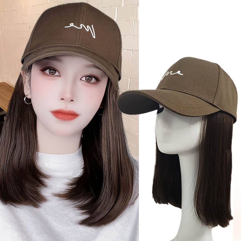 Image of Hat Wigs For Women Baseball Cap With Hair Extensions Short Straight Hairstyle Caps With Hair Attached Adjustable Baseball Cap Wig For Daily Party