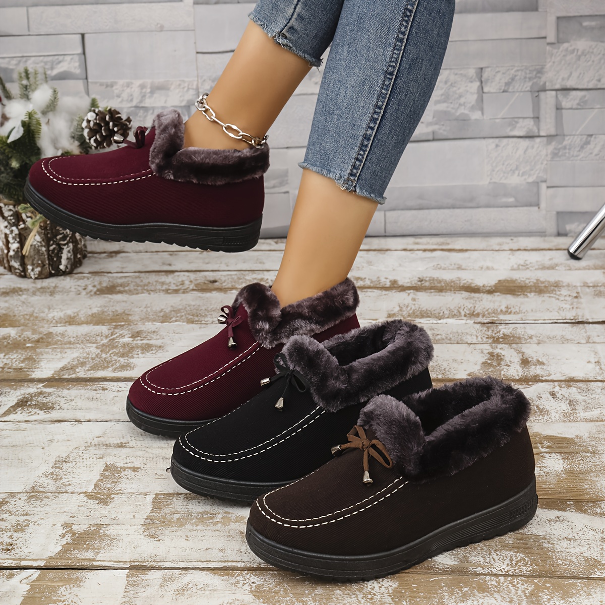 women s thick fleece-lined non-slip warm shoes for winter | slide on indoor/outdoor casual ankle boots, comfortable flat bottom short snowboot, winter boots for women elegant classy, boots with heels, wide width boots for women, winter boots for women high quality snow, chunky shoes for women 4