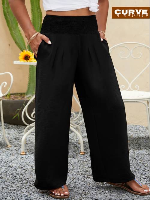 spring and summer women solid color pants waist shirred loose soft fabric daily and versatile suitable for curve womens trousers