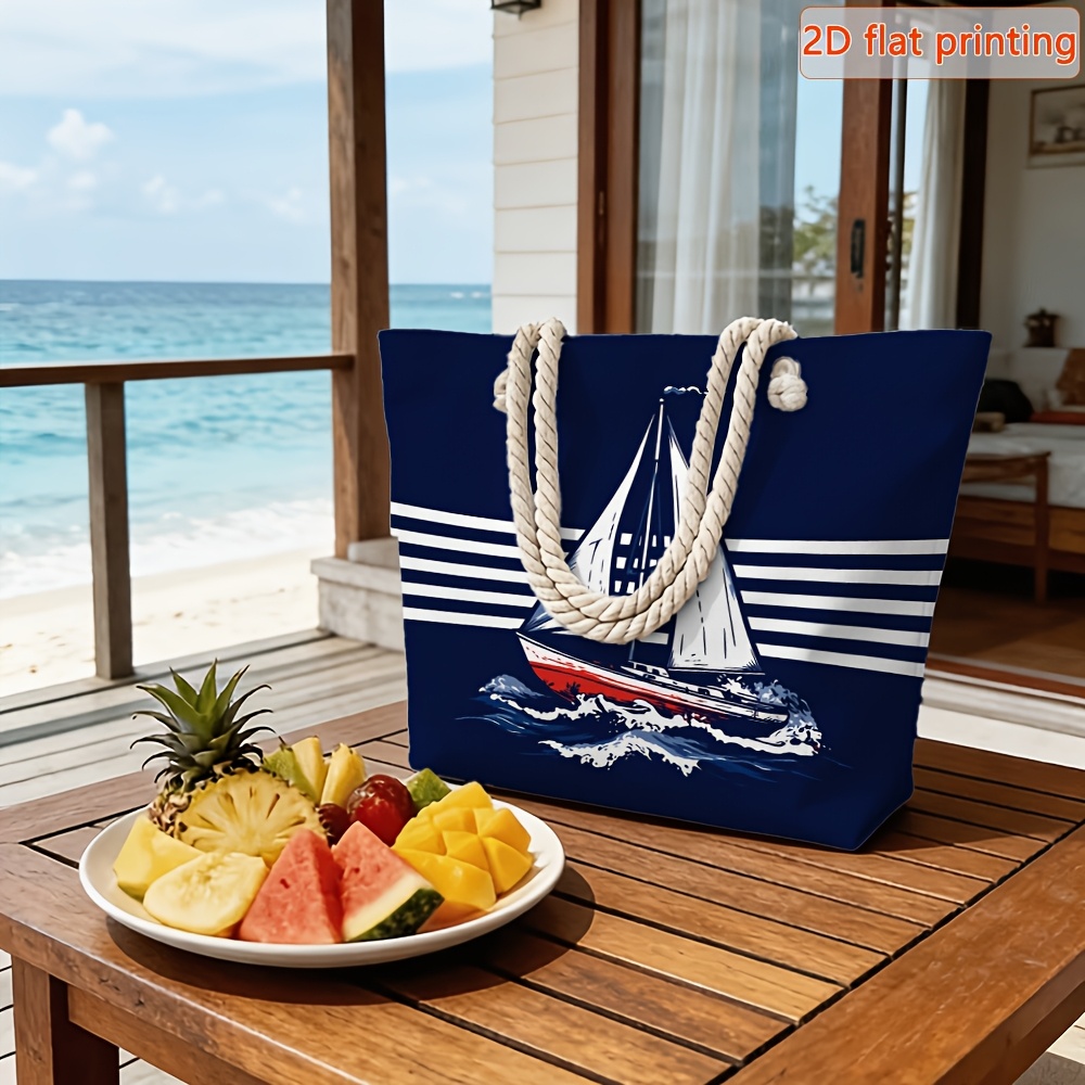 TEMU 1 pièce Sac fourre-tout de voyage plat 2D pour femme, grande , motif imprimé « Chevauchant et » - Sac de plage en fibre, avec poignées