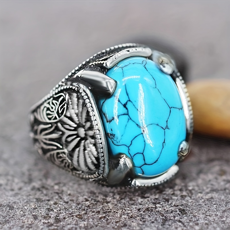 

Exquisite Turquoise Vintage Ring Silvery Carved Zinc Alloy Finger Ring Boho Style Jewelry For Women Men