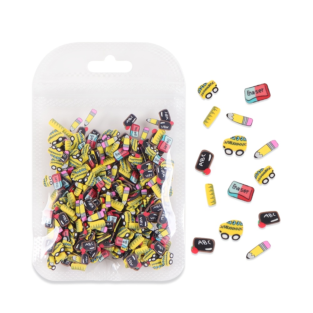 TEMU Tranches de pâte polymère pour nail écolier en sachet de 10g - Taxi , lettres de noir, règle, crayon - Accessoires d'autocollants pour ongles à