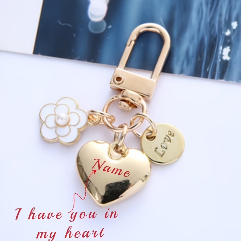 TEMU A Gift That Engraved With The Name, Customize 1 Fashionable Alloy Heart-shaped Keychain Pendant, Cute Pearl Camellia Letter Metal Additions,