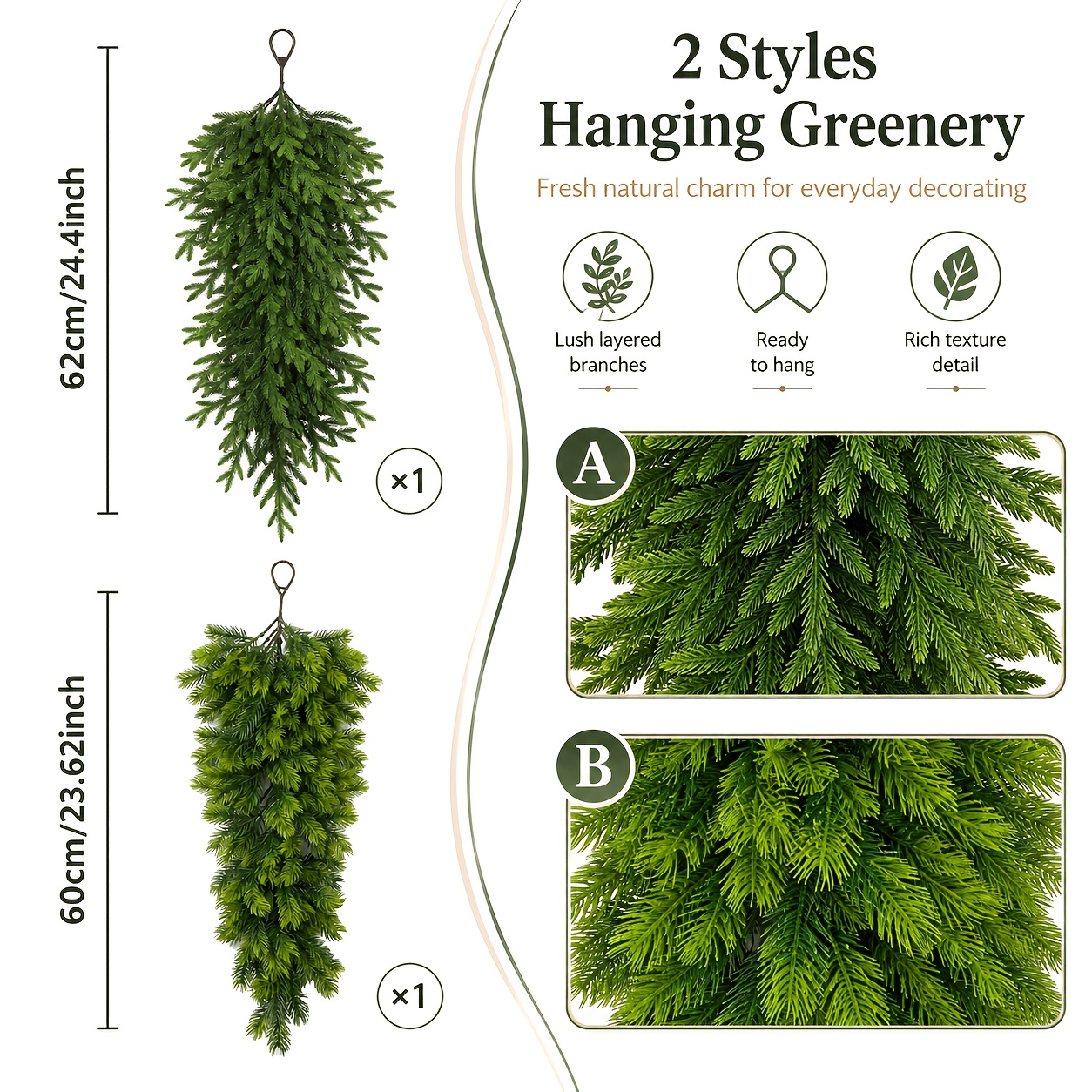 TEMU 2pcs Artificial Pine Needle Wall Hanging, Faux Evergreen Pine Branch Dangling Artificial Decor, Realistic No-watering Christmas Wall Hanging