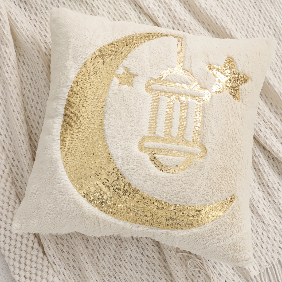 1pc ramadan decorative pillow cover with   stars and lantern embroidery plush islamic muslim holiday gift for living room sofa decor Product details 5