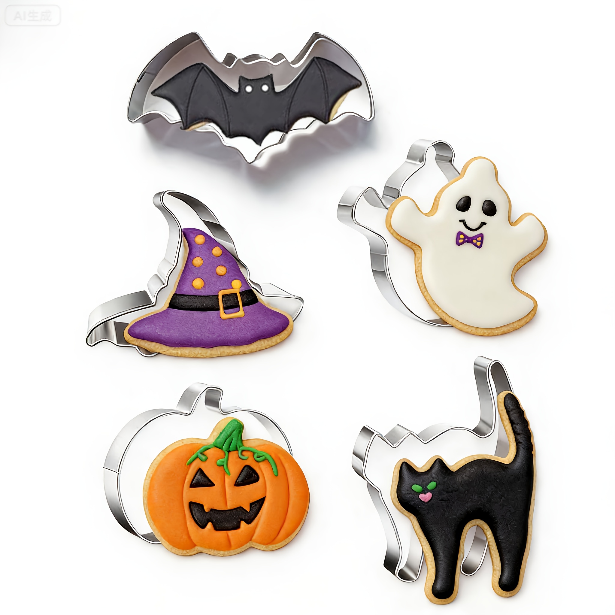 TEMU 5pcs Halloween Cookie Cutter Set, Large - Witch Hat, Pumpkin,, Cat, Stainless Steel Cutters