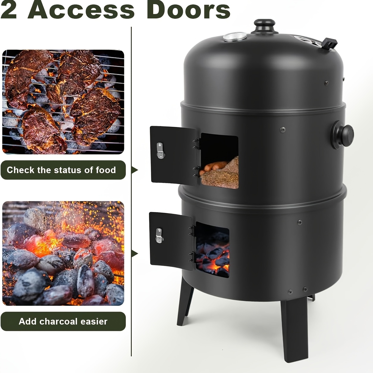 Vertical Charcoal Smoker Grill - 17-Inch 3-Tiers, Portable Zinc Alloy BBQ Grill with Temperature Control, 3 Cooking Levels & Griddle Top, Includes Handles Grates & Tongs, for Camping Backyard Outdoor Cooking, Compact Design, Durable Construction