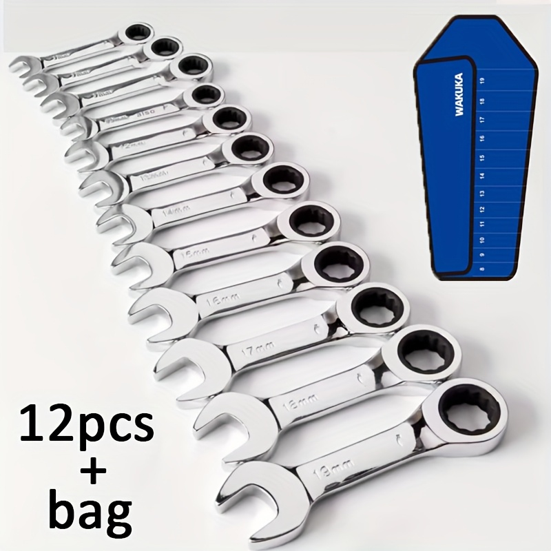 TEMU 12pcs 짧은 손잡이 덤벨 토크 렌치 세트, 크롬 반디움 강철, 메트릭, 72 치, 8MM-19MM, 파란색 방수 내구성 있는 수납 가방, 비용 없음, 배터리 없음, PMMJ 브랜드