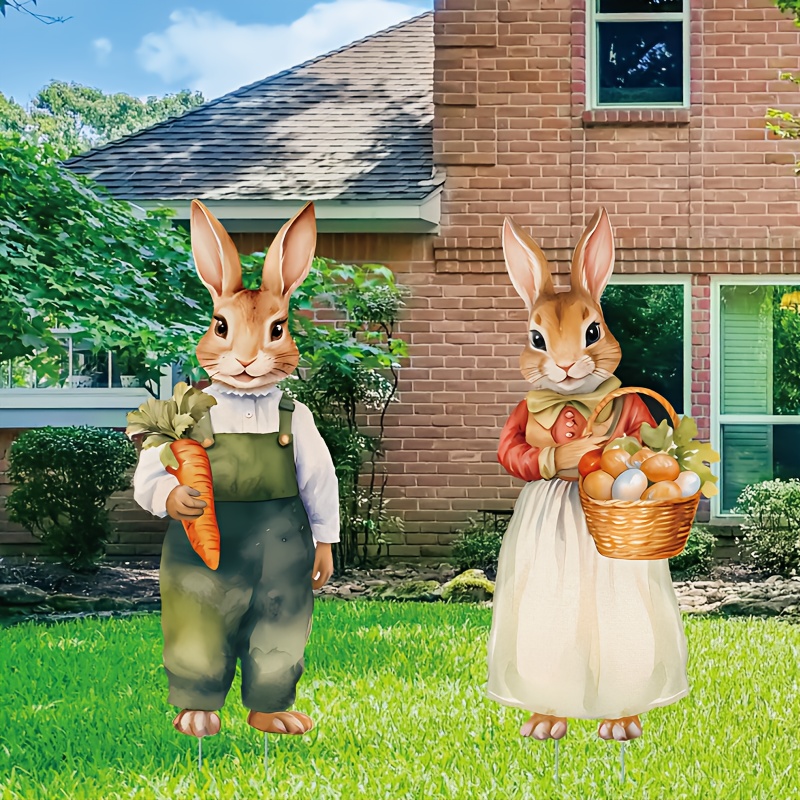 

2pcs Easter Outdoor Decor Set - Large Retro Rabbit & Eggs With Wooden Stakes, Farmhouse Style Lawn And Garden Ornaments For Spring/, , Party Decoration