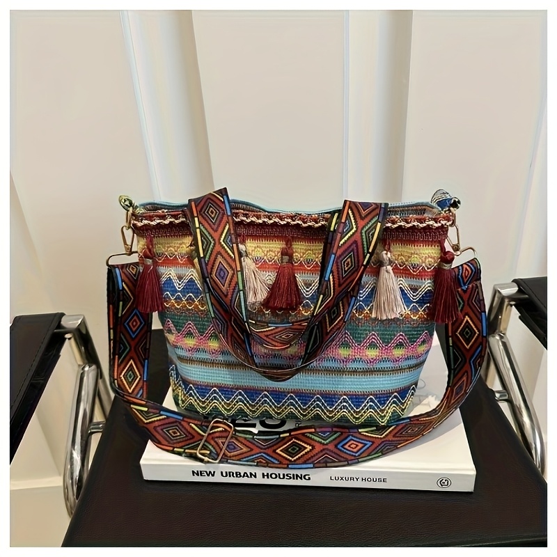 TEMU Vintage Bohemian Style Tassel Handbag For Women, Large Capacity Durable Tote For Casual & Festive Occasions, Geometric Embroidery Shoulder Bag,