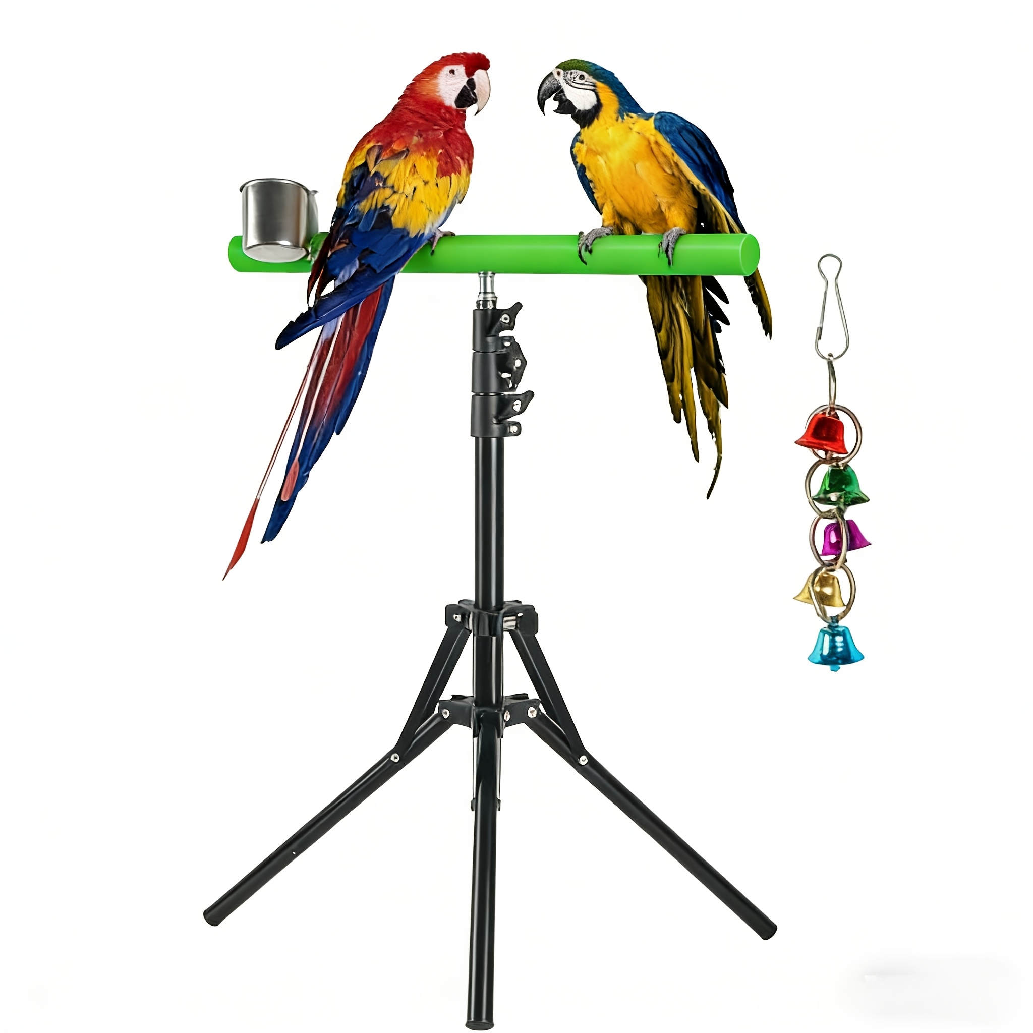 TEMU Parrot Perch Stand With Green Frosted Perch, Beak And Claw Grinding Rod, Food And Water Cup, Bird Toy, Colorful Bell, Tripod, Indoor/outdoor