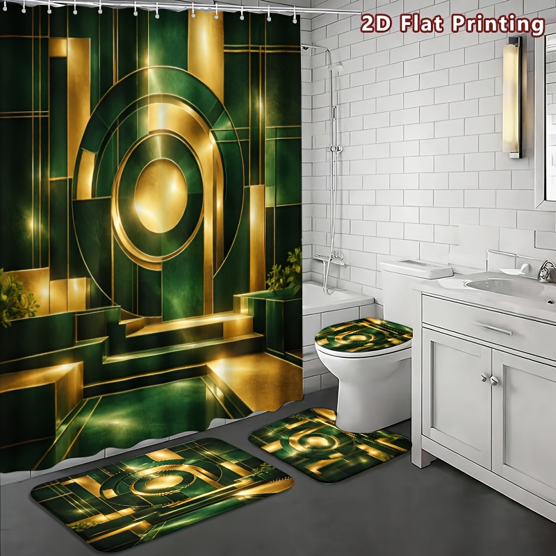 4pcs Geometric Art Deco Shower Curtain Set with Bath Mat