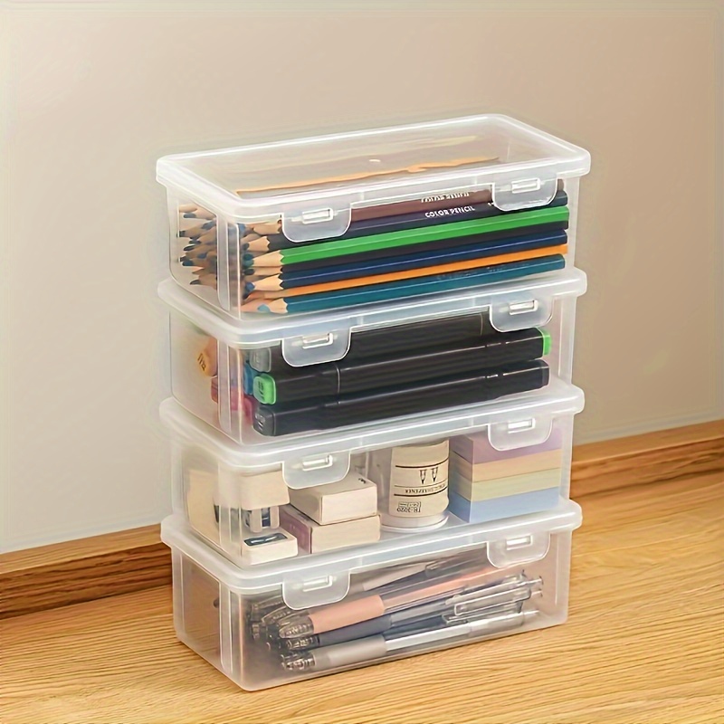 

2, 4-pack Large Clear Plastic Storage Boxes With Hinged - Pens, Pencils, Markers And Craft Supplies - Ideal Back To School And Office Organizer