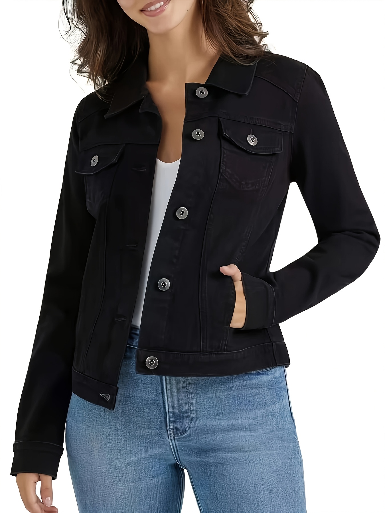 womens stretch denim jacket classic solid black washed long Temu