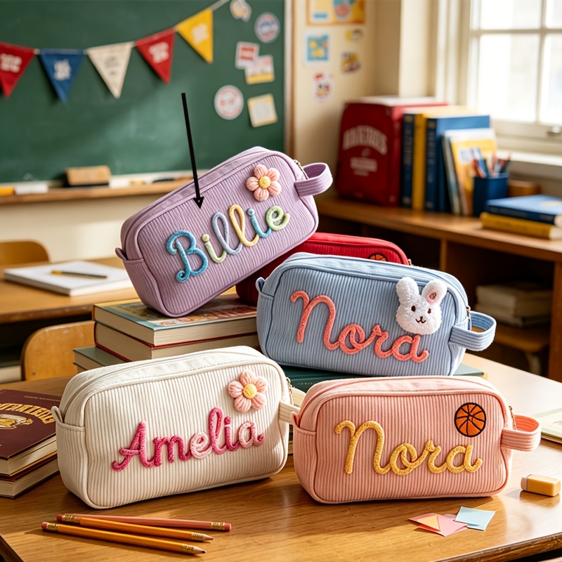 TEMU Corduroy Custom Name Pencil Case, Large Capacity Pencil Box, Cute Cartoon Accessory Stationery Bag, Handheld Storage Pen Bag, Style Stationery