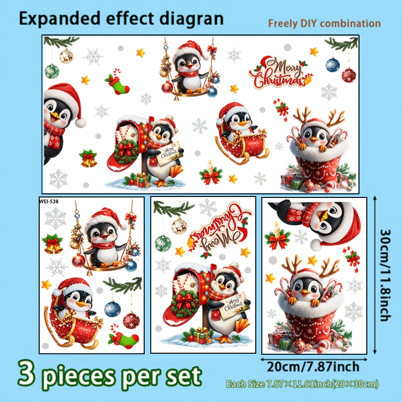 Image of 3pcs, Christmas Penguin Window Glass Stickers, Penguin Design, Wall Window Decoration, Home Decor, Party Supplies, Unique And , Ideal Christmas Gift