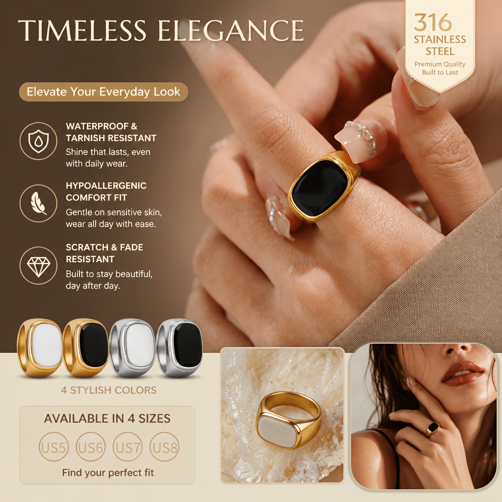 Classic Vintage Stainless Steel Square Two-Tone Ring, Unisex