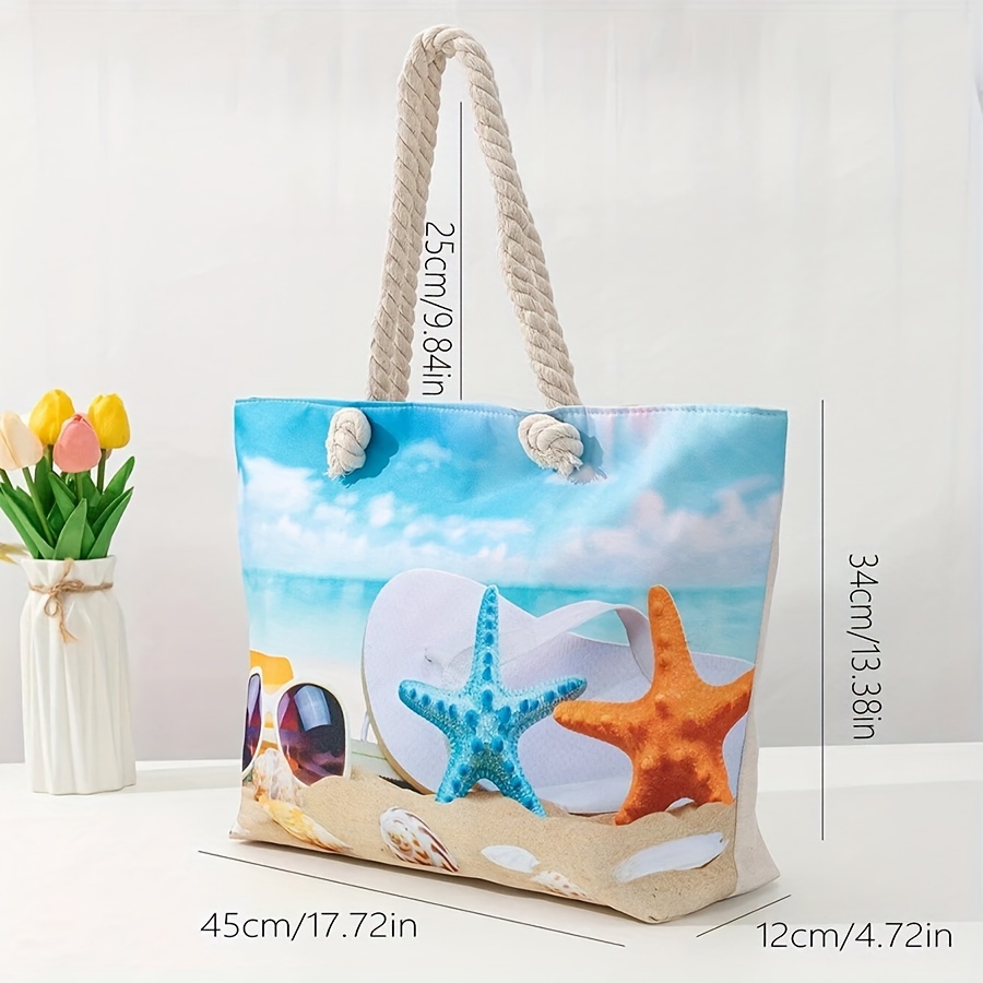 TEMU Large Beach Tote Bag For Women, Fashion Print With Starfish And Shells Design, Shoulder Carry Summer Travel Beach Bag