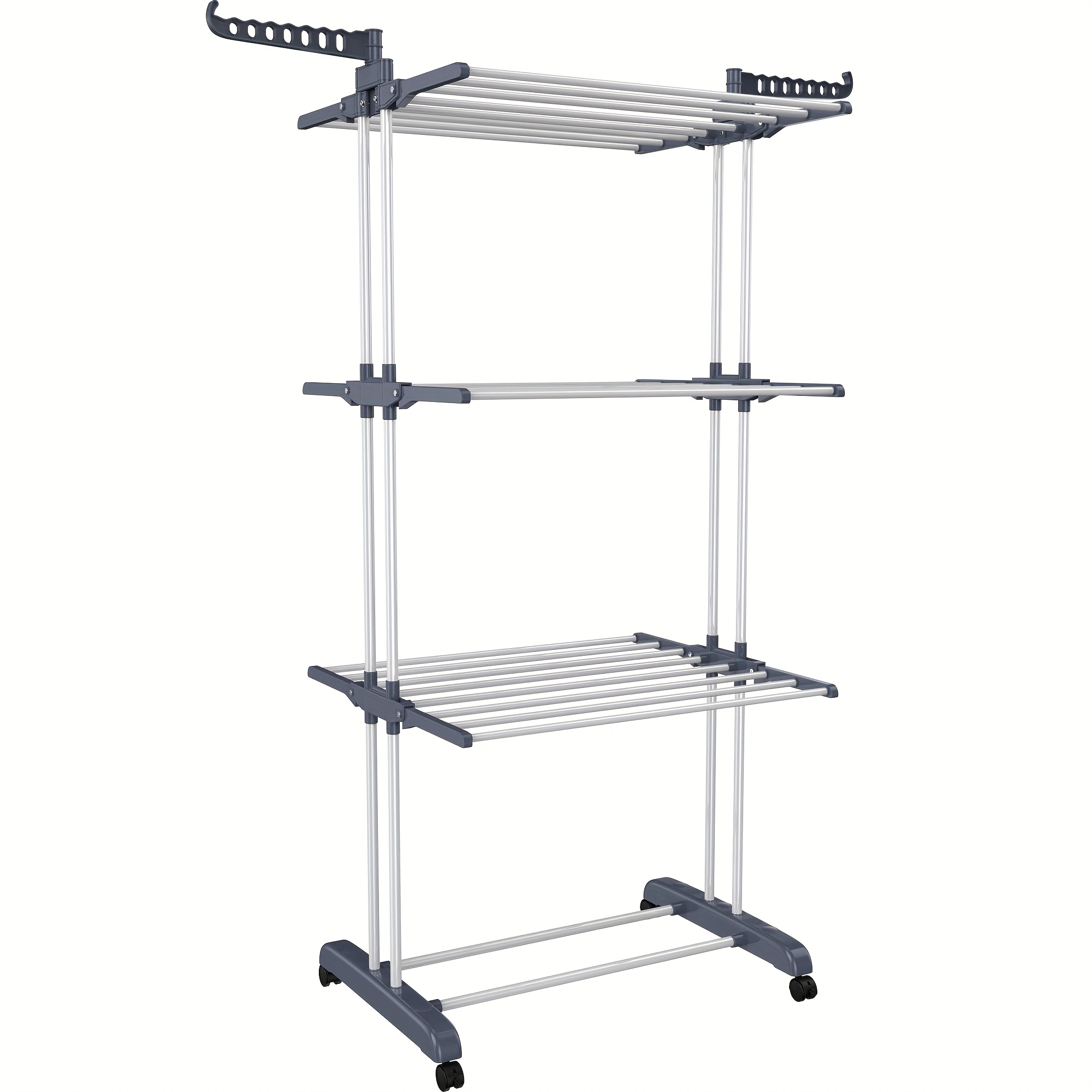 TEMU 1pc Clothes Drying Rack, Plastic Foldable Drying Rack With 4 Castors, 24 Drying Poles And 14 Hooks For Bed, Clothing, Gray, 67.7" High, Drying
