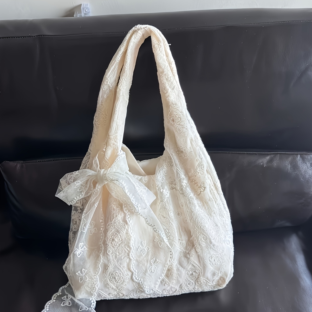 womens large capacity white lace tote bag suitable for daily formal use elegant handbag with shoulder strap open     commuter bag suitable for gift for mom girlfriend